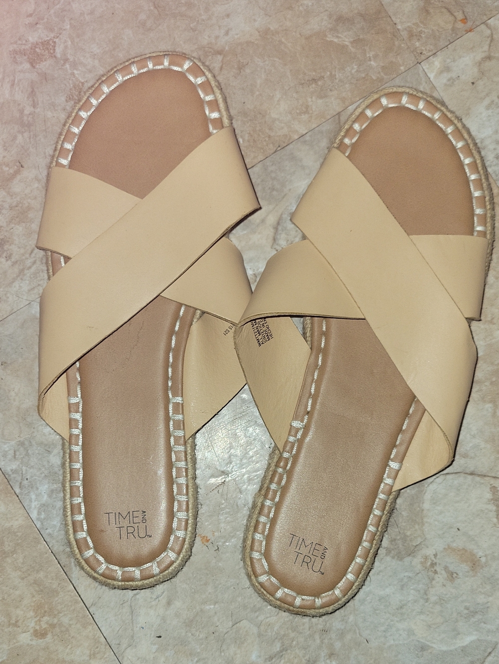 Time and Tru Beige Cross-Strap Slide Sandals